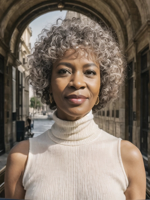 Mature African American woman wearing Luvwin Salt & Pepper Pixie Cut Curly Hair Wig, full machine made, soft natural curls, beginner-friendly glueless wig without lace for mid-aged and older women, ideal for casual outings, weekend activities, or professional events