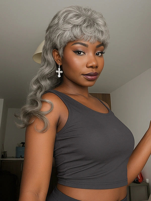 Mature African American woman wearing Luvwin Salt & Pepper Pixie Cut Glueless Mullet Wig with Bangs, soft natural texture, realistic gray highlights, beginner-friendly human hair wig for women of all ages, ideal for brunch, social gatherings, or casual outings