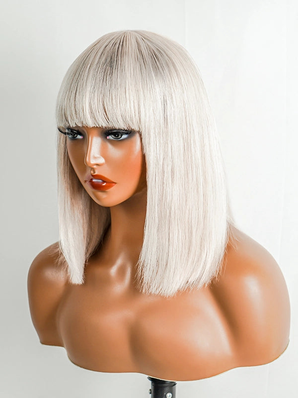 Luvwin Glueless Bang Bob Wig in Salt & Pepper Platinum Blonde, sleek straight style, realistic gray highlights, 100% human hair, beginner-friendly and versatile wig for Black women of all ages, great for family gatherings, professional events, and weekend activities