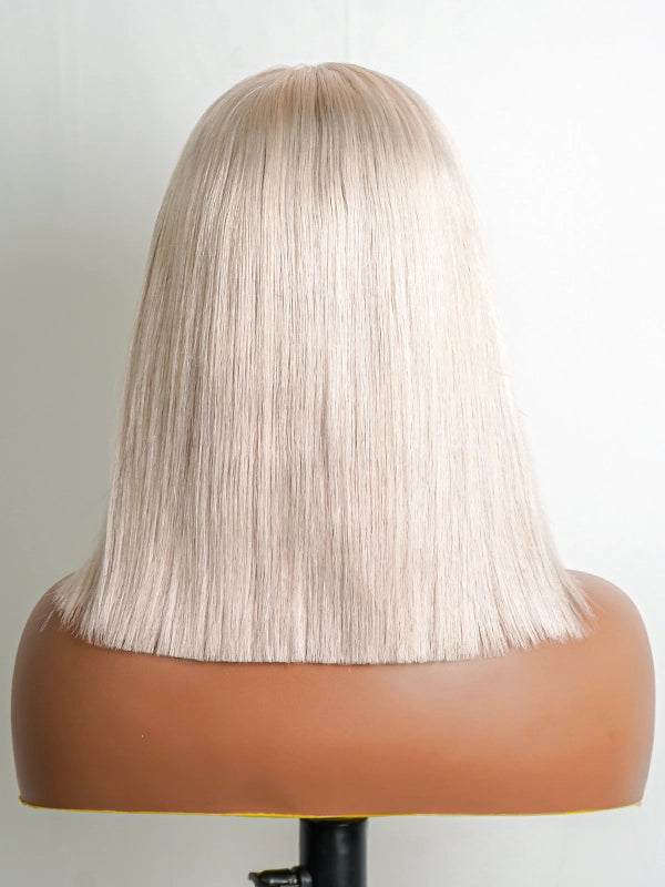 Luvwin 5x5 Lace Bob Wig in Platinum Blonde with Salt & Pepper highlights, sleek straight hair, 100% human hair, beginner-friendly, stylish and easy-to-style wig suitable for everyday, work, or weekend for Black women