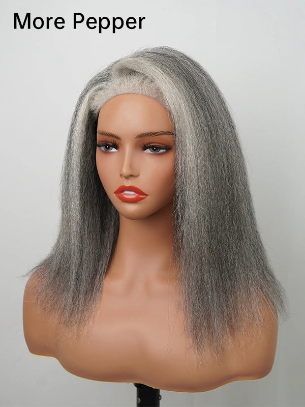 Luvwin Realistic 4C Edges Salt & Pepper More Salt Highlight Front Glueless Yaki Straight Wig on mannequin, natural human hair, smooth straight texture, realistic 4C edges, glueless, elegant and easy to wear, suitable for mature black women