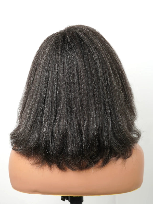 Luvwin Realistic 4C Edges Salt & Pepper More Salt Highlight Glueless Yaki Straight Wig on mannequin, natural human hair, realistic lace closure, soft straight style, beginner friendly, suitable for mature African American women, casual or special occasion hairstyle