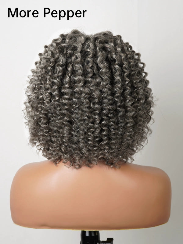 Full product display of Luvwin Salt And Pepper Defined Curls Wig with Bangs, soft natural curls, glueless lace front, realistic gray highlights, 100% human hair wig for Black women, beginner-friendly and stylish