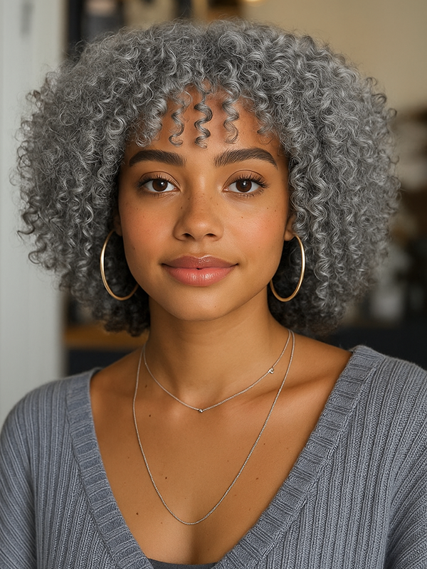 African American woman wearing Luvwin Defined Curls Wig with Bangs, soft natural curls, realistic gray highlights, glueless lace front, comfortable and stylish beginner-friendly wig for Black women