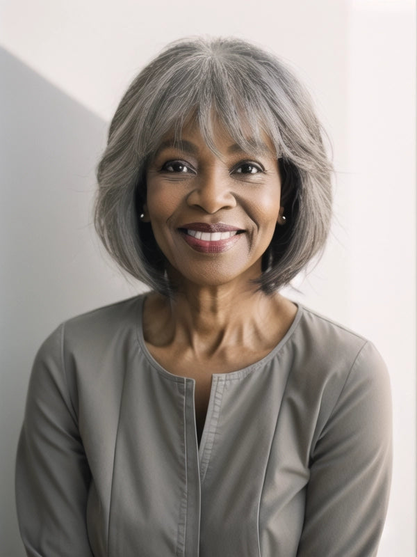 African American woman in Luvwin Salt & Pepper Layered Cut Short Bang Wig, soft natural layers, realistic gray highlights, inner buckle, 100% human hair, easy-to-style wig for everyday and casual wear