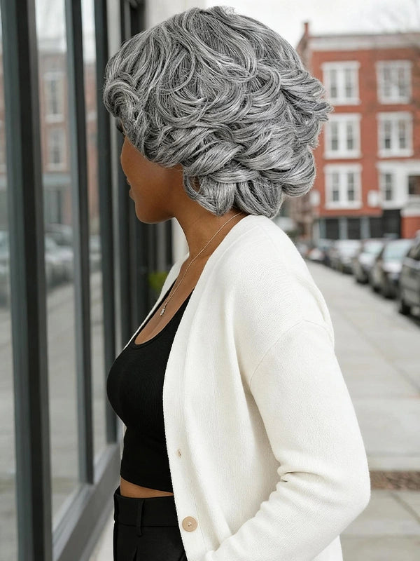 African American woman in Luvwin Retro Elegant Wave Glueless Wig, soft natural waves, realistic gray highlights, pre-cut 5x5 lace, 100% human hair, beginner-friendly and easy-to-style wig for everyday wear