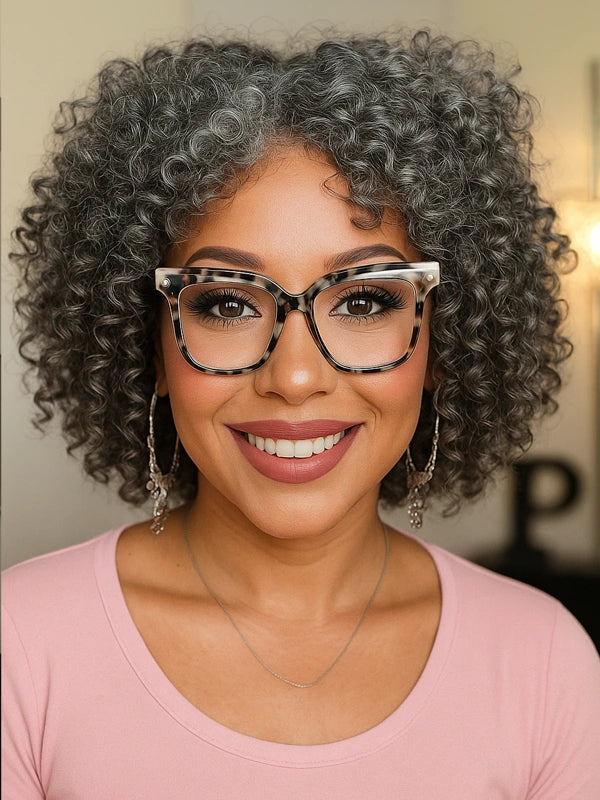 Confident adult woman wearing Luvwin Salt and Pepper Ringlet Curls Wig with Bangs, relaxed everyday style, natural curls with realistic texture, great for daily wear or casual meetups.