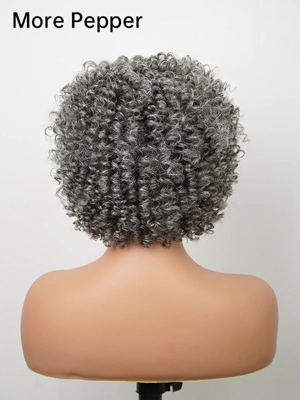 Rear view of Luvwin Salt and Pepper Ringlet Curls Wig, soft curls and realistic volume, giving a sophisticated look for adult women.