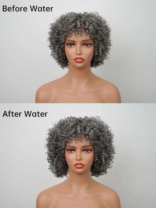 Comparison of Luvwin Salt and Pepper Ringlet Curls Wig before and after styling, showing improved curl definition, volume, and natural shine, suitable for both casual and formal events.