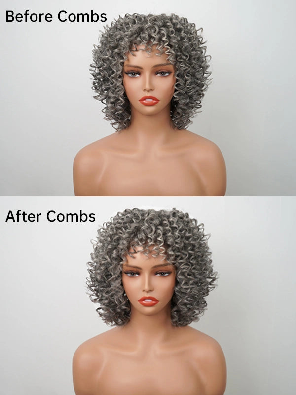 Comparison of Luvwin Salt and Pepper Ringlet Curls Wig before and after styling, showing improved curl definition, volume, and natural shine, suitable for both casual and formal events.
