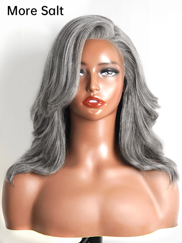 Full product display of Luvwin Salt & Pepper Gray Beginner Friendly Glueless Layered Wave Wig, 100% human hair, soft realistic waves, natural gray highlights, perfect lace wig for Black women