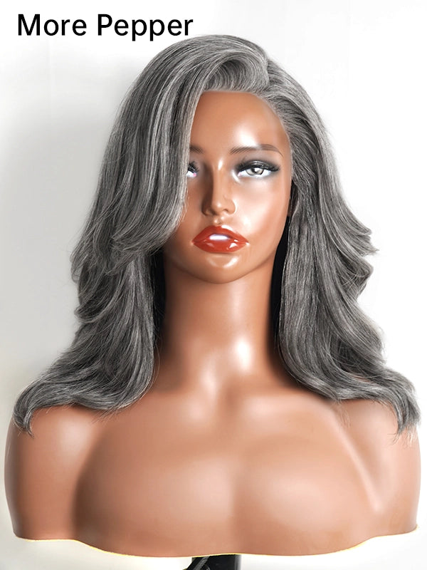 Full product display of Luvwin Salt & Pepper Gray Beginner Friendly Glueless Layered Wave Wig, 100% human hair, soft realistic waves, natural gray highlights, perfect lace wig for Black women