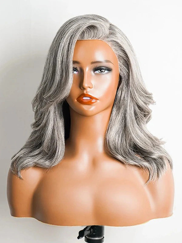 Full product display of Luvwin Salt & Pepper Gray Beginner Friendly Glueless Layered Wave Wig, 100% human hair, soft realistic waves, natural gray highlights, perfect lace wig for Black women