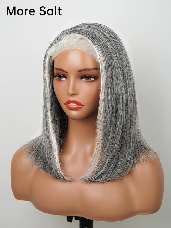 Detailed product view of Luvwin More Salt Highlight straight wig, glueless lace front, realistic 4C edges, soft gray highlights, high-quality lace wig for Black women searching for premium gray wigs that look natural and elegant