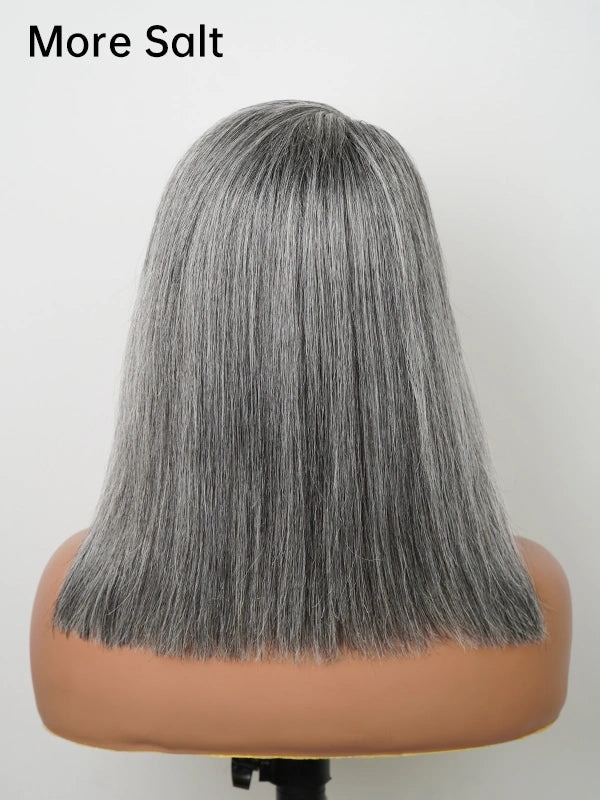 Full product shot of Luvwin Salt and Pepper More Salt Highlight Straight Wig, glueless lace front, soft 4C edges, realistic gray highlights, natural look for Black women, high-quality lace wig suitable for daily wear, work, or social events