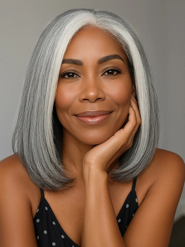 Elegant woman wearing Luvwin 5x5 Closure Salt & Pepper More Salt Highlight Glueless Straight Wig, natural front hairline, smooth shine, perfect for casual and formal occasions.