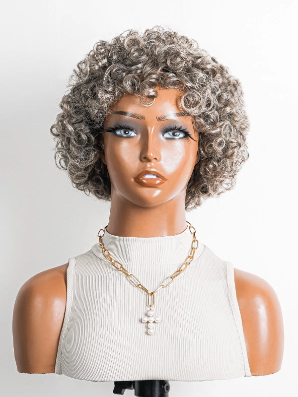 Luvwin Pixie Cut Curly Hair Wig in Salt & Pepper, full machine made, soft natural curls, glueless wig without lace for mature and elderly women, ideal for casual, professional, or social occasions