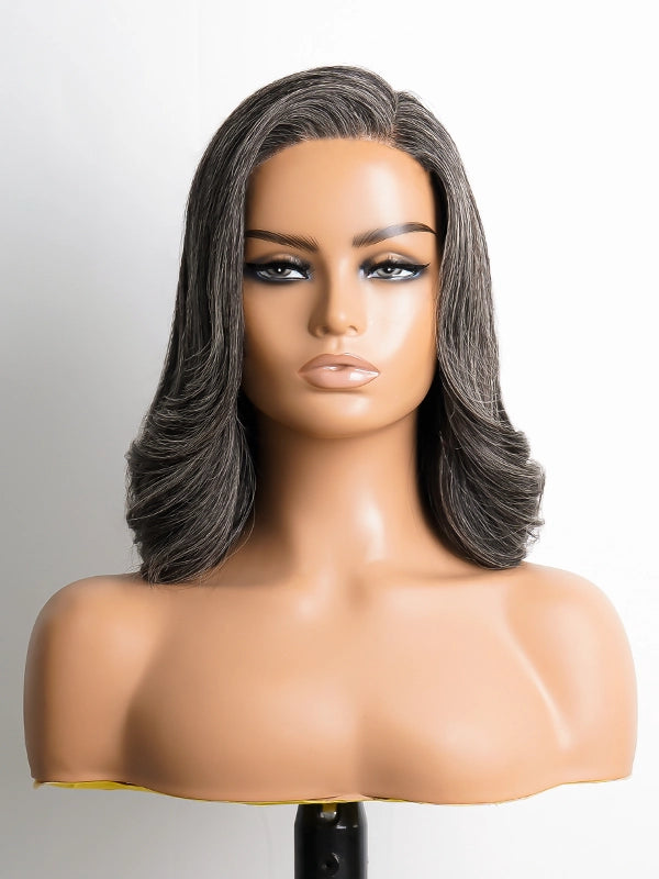 Luvwin Custom Wavy Hair Bob Wig in Dark Gray Salt & Pepper, soft layered waves, 5x5 pre-cut lace, beginner-friendly human hair wig for mid-aged and older women, ideal for weekend events, brunch, or professional occasions