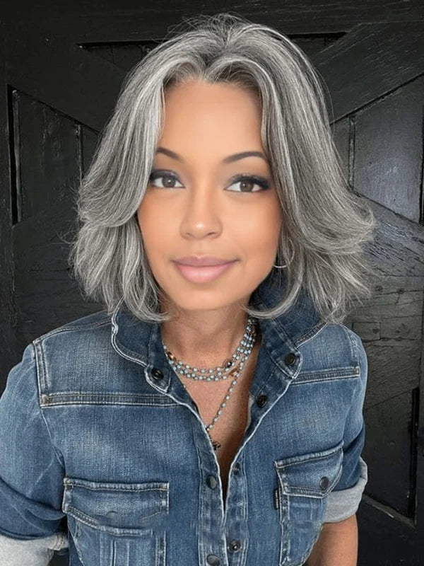 Black woman wearing Luvwin Salt & Pepper Gray Layered Straight Bob Wig, glueless, 100% human hair, easy to wear, beginner-friendly, natural look, daily and formal occasions