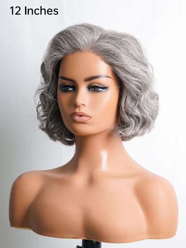 Close-up of Luvwin Gray Color Short Layered Loose Wave Wig, soft natural waves, realistic Salt & Pepper highlights, glueless 5x5 closure lace, easy-to-style human hair wig for Black women for work, weekend, or casual occasions
