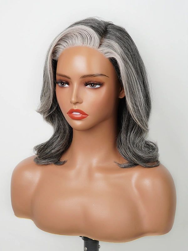 Mannequin display of Luvwin Salt & Pepper More Salt Highlight 5X5 Lace Wave Wig, glueless design, natural soft waves, real human hair, stylish and beginner friendly
