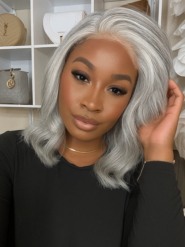 Luvwin Salt & Pepper More Salt Highlight Wave Wig with 5X5 lace closure, worn by African American woman, natural human hair, soft wave texture, glueless and beginner friendly wig for black women