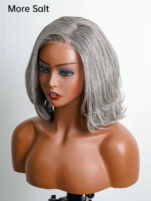 Luvwin Salt & Pepper Gray Straight Layered Bob Wig, 100% human hair, glueless, pre-cut, natural and stylish, perfect for work, social events, or everyday use