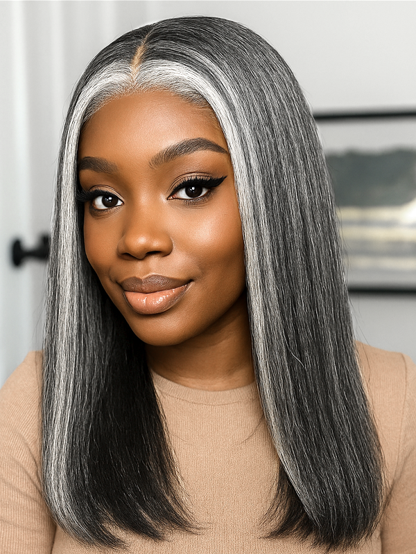 African American woman wearing Luvwin 4C Edges Salt & Pepper More Salt Highlight Front Glueless Yaki Straight Wig, natural human hair, smooth and straight, realistic lace closure, elegant hairstyle for mature women, ideal for casual or special events