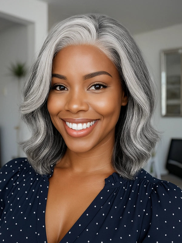 Luvwin 5X5 Salt & Pepper More Salt Highlight Wave Wig on African American woman, glueless lace closure, 100% human hair, natural highlights, soft wave texture, comfortable and realistic hairstyle