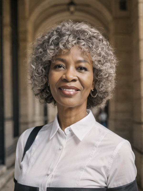 African American woman wearing Luvwin Full Machine Salt & Pepper Pixie Cut Curly Hair Wig with Bangs, soft defined curls, glueless wig without lace, suitable for mature and elderly women, perfect for brunches, family gatherings, or social events