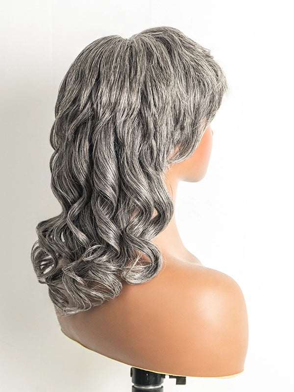 Luvwin Pixie Cut Mullet Wig in Salt & Pepper, glueless human hair wig with bangs, soft layered texture, beginner-friendly wig suitable for mature women and mid-aged adults, perfect for brunch, social occasions, or casual outings