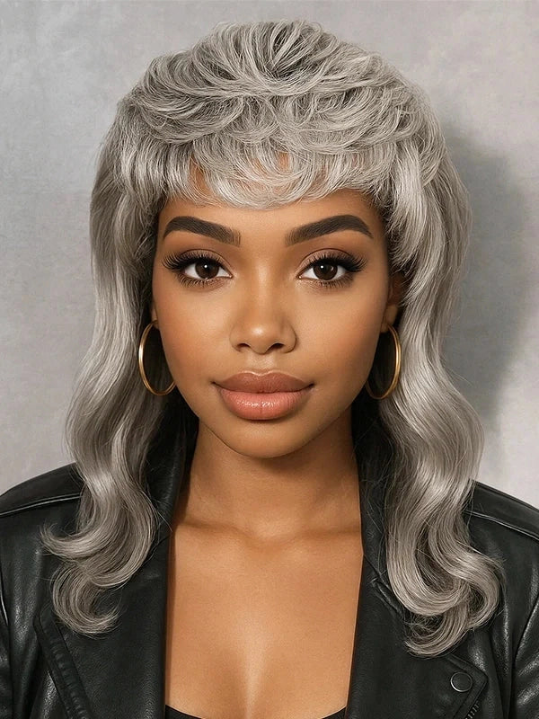 African American woman wearing Luvwin Salt & Pepper Pixie Cut Glueless Mullet Wig with Bangs, soft natural texture, realistic gray highlights, 100% human hair, beginner-friendly wig suitable for mature women and all age groups, ideal for casual outings, brunches, or social events