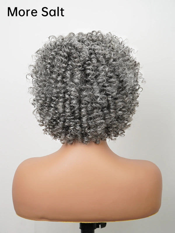 Back view showing cascading curls of Luvwin Salt and Pepper Ringlet Curls Wig, polished and natural texture, ideal for everyday style or special occasions.