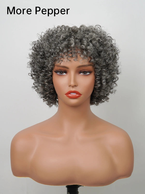 Front view of Luvwin Salt and Pepper Ringlet Curls Wig on mannequin, showcasing soft curls and natural texture, versatile for casual or semi-formal occasions.