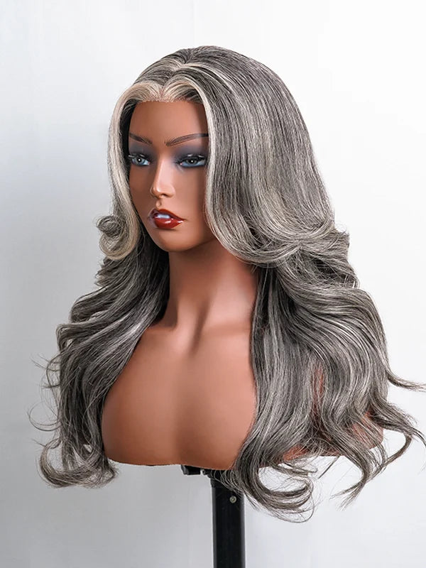 Close-up of Luvwin White Money Piece Loose Wave Wig, soft natural waves, layered cut, realistic Salt & Pepper highlights, glueless 13x4 lace front, easy-to-style human hair wig for stylish Black women
