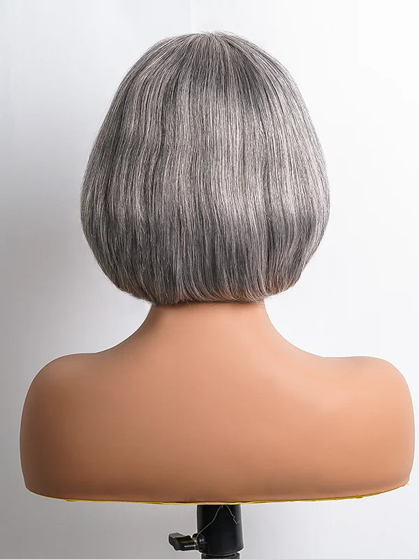 Back view of Luvwin Salt & Pepper Layered Cut Short Bang Wig, soft natural layers, realistic gray highlights, inner buckle for secure fit, beginner-friendly 100% human hair wig for Black women