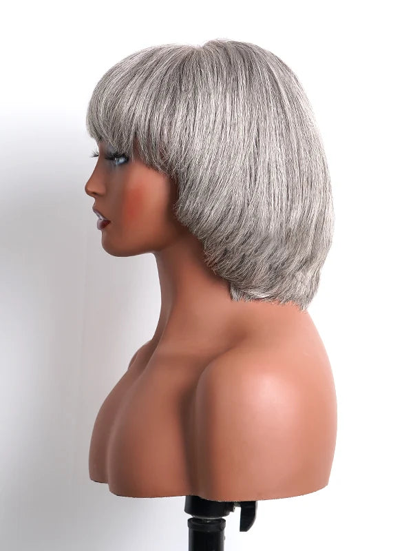 Side view of Luvwin Salt & Pepper Layered Cut Short Bang Wig Gray Hair, soft natural layers, realistic gray highlights, inner buckle, comfortable human hair wig suitable for work, weekend, or casual outings
