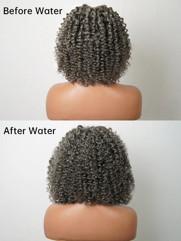 Full product view of Luvwin Salt And Pepper Defined Curls Wig with Bangs, soft realistic curls, natural hairline, glueless lace front, 100% human hair wig for stylish Black women