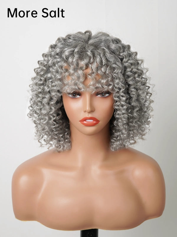 Product display of Luvwin Salt And Pepper Defined Curls Wig with Bangs, soft natural curls, glueless lace front, realistic gray highlights, 100% human hair, beginner-friendly wig for Black women