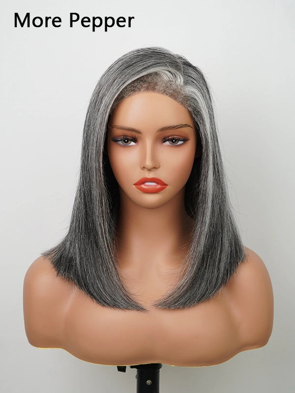 Close-up of Luvwin Salt and Pepper More Salt Highlight Straight Wig with glueless lace front, soft realistic 4C edges, natural gray highlights, ideal lace wig for Black women looking for comfortable, natural-looking gray hair wigs