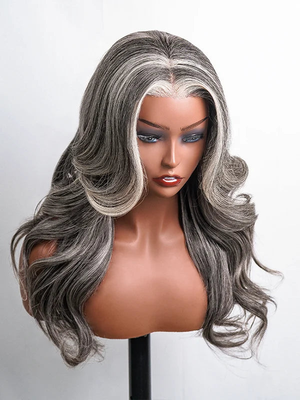 Luvwin 13x4 Salt & Pepper White Money Piece Wig, soft natural waves, layered cut, glueless 13x4 closure, realistic gray and white highlights, beginner-friendly human hair wig for Black women