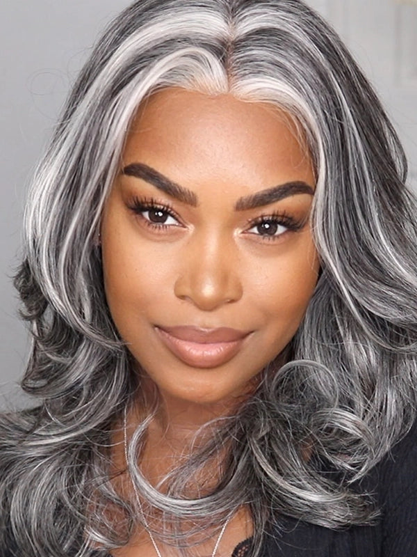 African American woman wearing Luvwin 13x4 Salt & Pepper White Money Piece Loose Wave Layered Cut Wig, soft natural waves, realistic gray and white highlights, glueless 13x4 closure, beginner-friendly human hair wig for stylish Black women