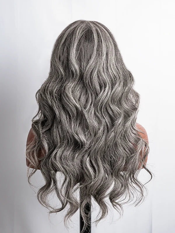 Full product shot of Luvwin 13x4 Loose Wave Layered Cut Wig with White Money Piece, soft natural waves, realistic Salt & Pepper highlights, glueless 13x4 closure, 100% human hair wig for Black women, easy-to-style for everyday, work, or weekend