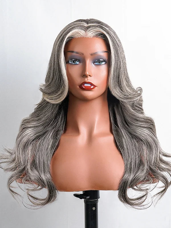 Product display of Luvwin 13x4 Salt & Pepper White Money Piece Loose Wave Layered Cut Wig, soft natural waves, glueless 13x4 closure, realistic gray and white highlights, beginner-friendly human hair wig for Black women