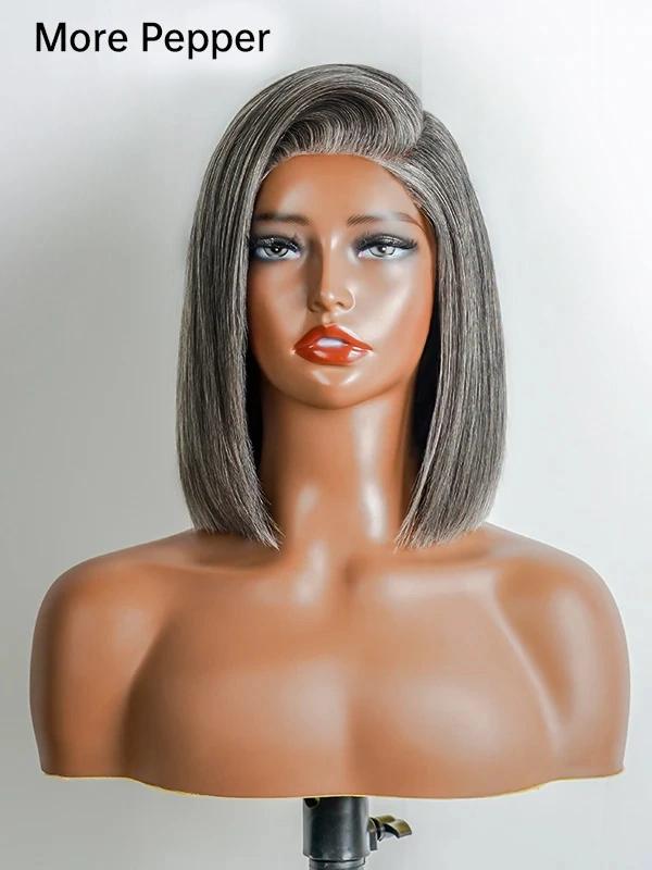 Luvwin 5x5 Salt And Pepper Glueless Gray Color Pre-Cut Lace Straight Bob Wig For Black Women