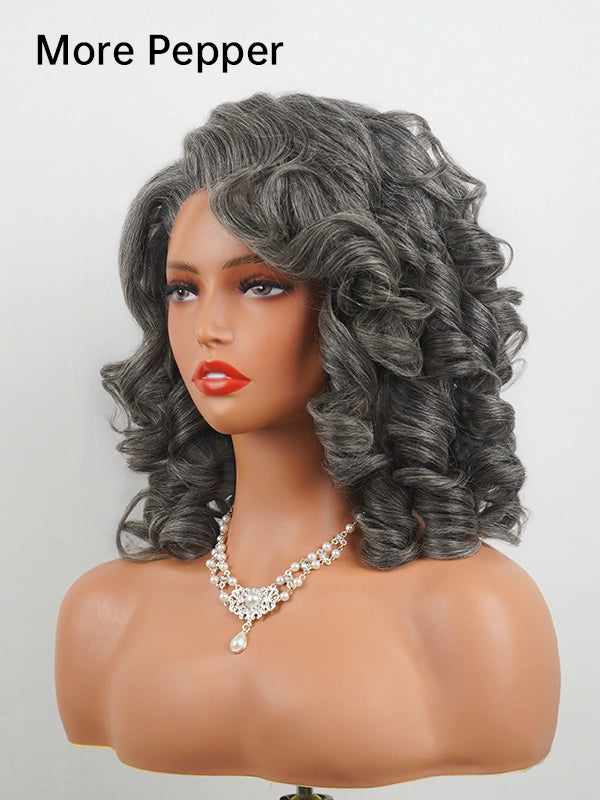 More pepper black and gray curly wig, dark gray glueless human hair wig with soft layered curls.