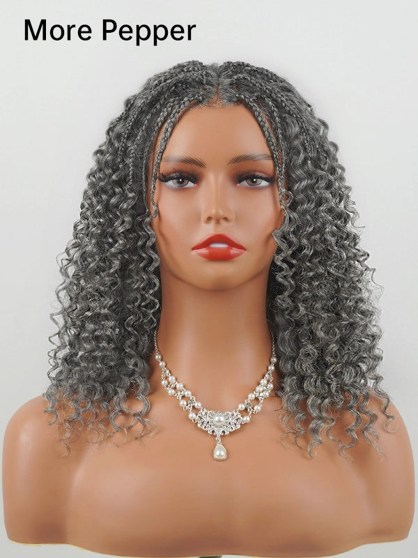 More pepper salt and pepper boho braided curly wig with darker gray curls, natural looking gray braided wig for women
