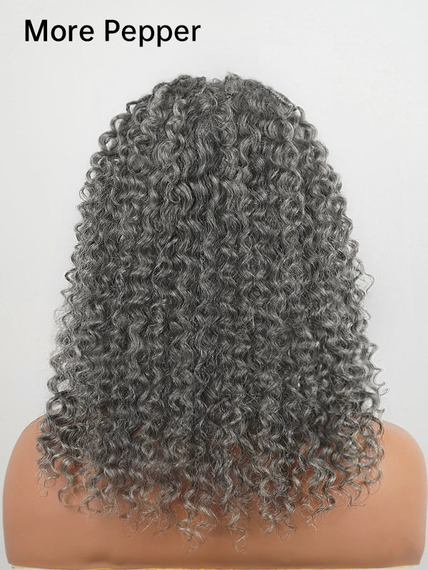 More pepper salt and pepper boho braided curly wig back view showing full volume darker gray curls