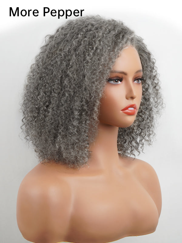 More pepper salt and pepper gray curly bob wig, glueless design with fluffy curls and natural volume, realistic grey hairstyle ideal for women seeking a natural-looking gray wig.