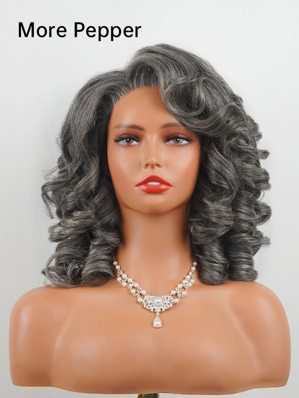 More pepper salt and pepper curly wig, dark gray kinky wavy human hair wig with free part, natural looking style.